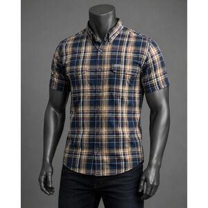 Red Head Brand Co Mens Plaid Short Sleeve Button Down Shirt Navy Yellow Medium